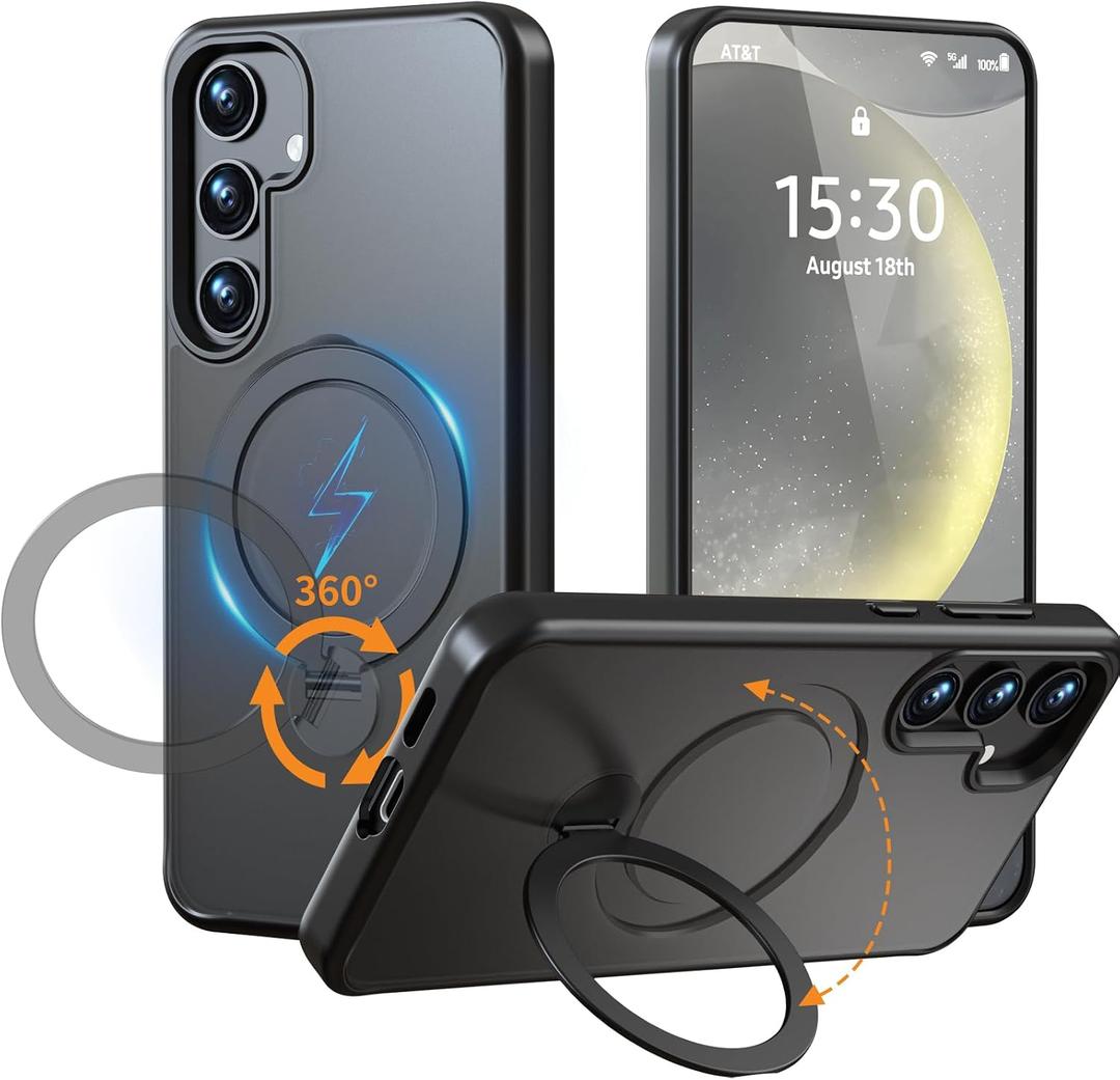 for Samsung Galaxy S24+ (Plus) Case Stand,Compatible with Magsafe Wireless Charging,with 360Rotatable Magnetic Ring Holder Kickstand,Slim Protective Phone Cover,Matte Translucent,Black