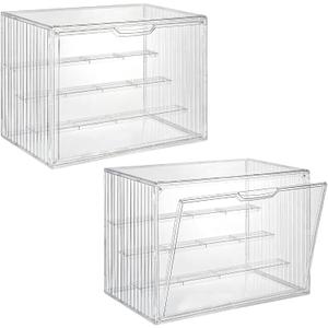 2 Pack Acrylic Display Case, 4 Tier Clear Display Case with Magnetic Door and 3 Adjustable Divider, Stackable Large Figure Display Case for Collectibles Action Figures