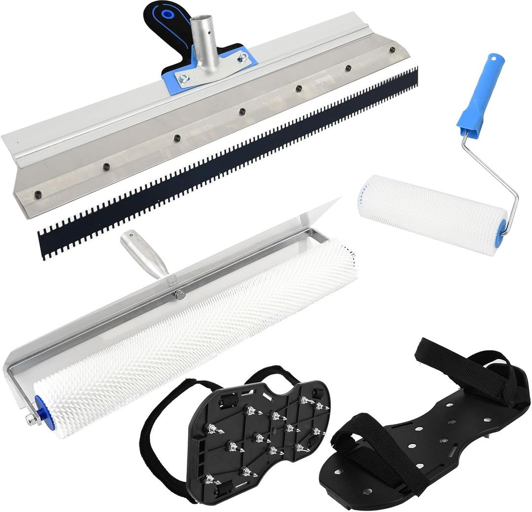 Self-Levelling Cement Tool Kit, Spike Roller for Self Leveling Cement, Epoxy Floor Tools, Roller Brush, Floor Construction Roller Spiked Shoes, Stainless Steel Scraper Self-Leveling Rake