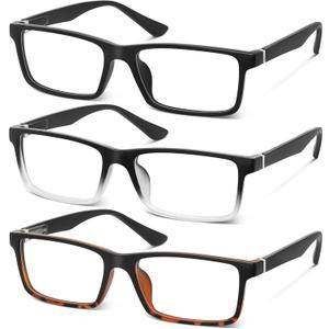 3pairs Reading Glasses Men-Blue Light Blocking Square Readers with Spring Hinge Computer Glasses (Mix)
