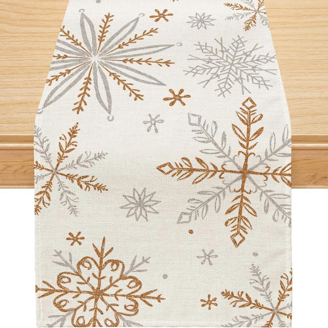Siilues Christmas Table Runner, Snowflake Decorations White Gold Christmas Runner for Table Seasonal Chriatmas Winter Holiday Decor for Indoor Outdoor Dining Table Decorations 13x60 Inch