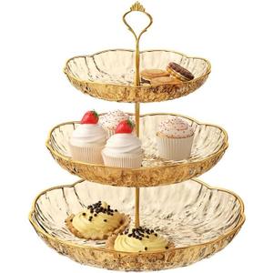3 Tier Cupcake Stand, Plastic 3 Tiered Serving Stand, Dessert Tower Tray for Party, Birthday, Wedding, Gold