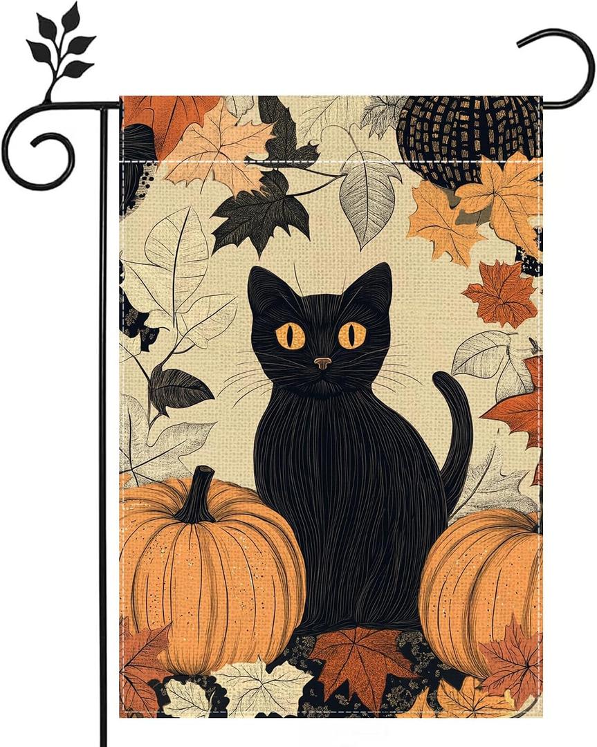 Fall Black Cat Pumpkin Garden Flag Double Sided 12x18 Outdoor Decor