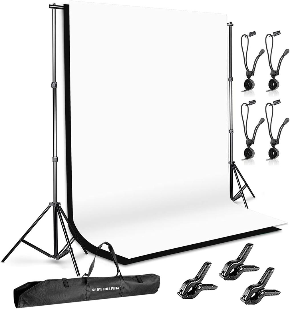 SLOW DOLPHIN Photo Background Support System with Backdrop Stand Kit, 100% Pure Muslin 6.5 Ft x 10 Ft (White/Black) Backdrop,Clamp, Carry Bag for Photography Video Studio