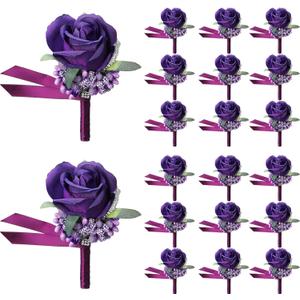 Geosar 20 Pcs Wedding Boutonniere for Men Purple Rose Boutonnieres with Pin Groom Groomsmen Buttonholes Man Suit Corsage for Vintage Wedding Ceremony Anniversary Dinner