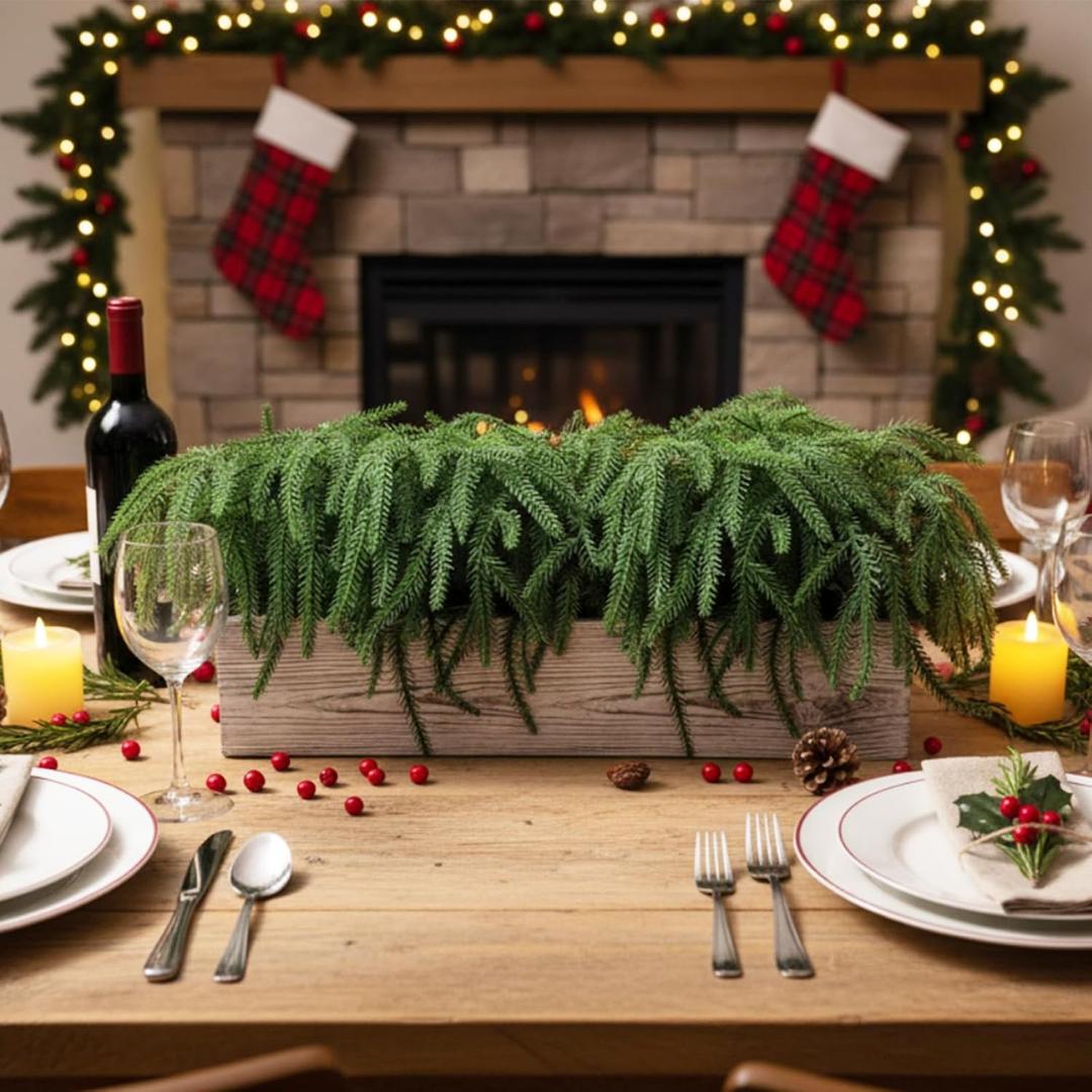 Weysat 2 Pack Artificial Christmas Norfolk Pine with Rustic Wooden Pot Realistic Norfolk Faux Greenery Pine Stems Christmas Fake Cedar Stems for Xmas Home New Year Winter(16.14 x 3.7 x 8.66 Inch)