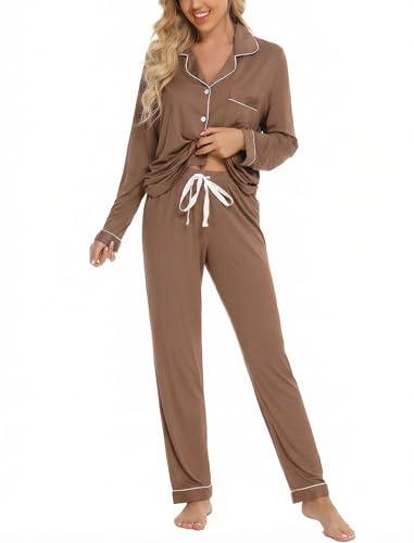 Leikar Button Down Pajamas for Women Soft Viscose Sleepwear Long Sleeve Pjs Set Maternity Nursing Postpartum Loungewear Brown, Large