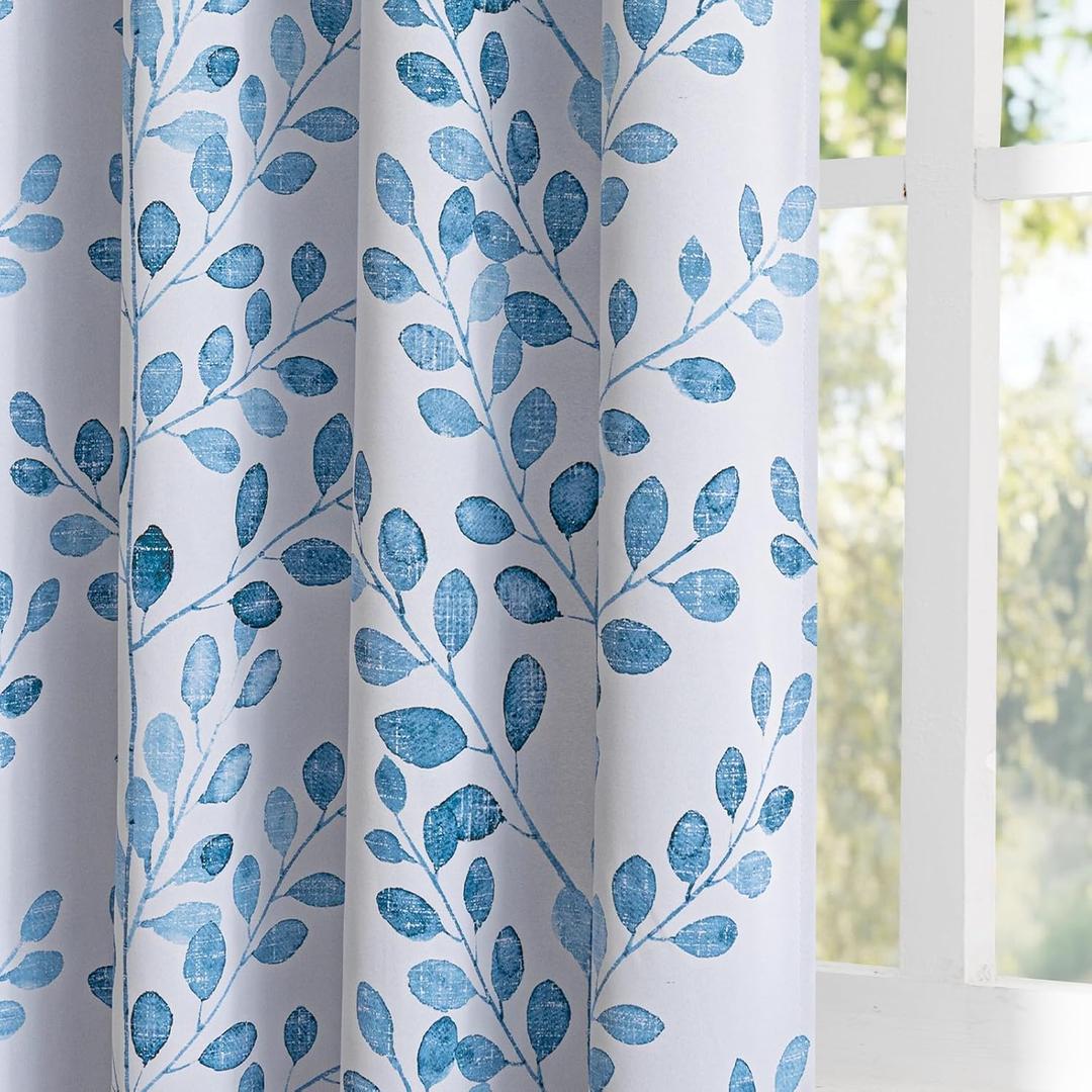 MYSKY HOME Leaf Curtains Living Room 95 inch Long for Patio Dining Room Thermal Insulated Darkening Soft Curtains Home Decor Pattern Grommet Drapes, 52 Wide x 95 Long, Blue, 2 Panels