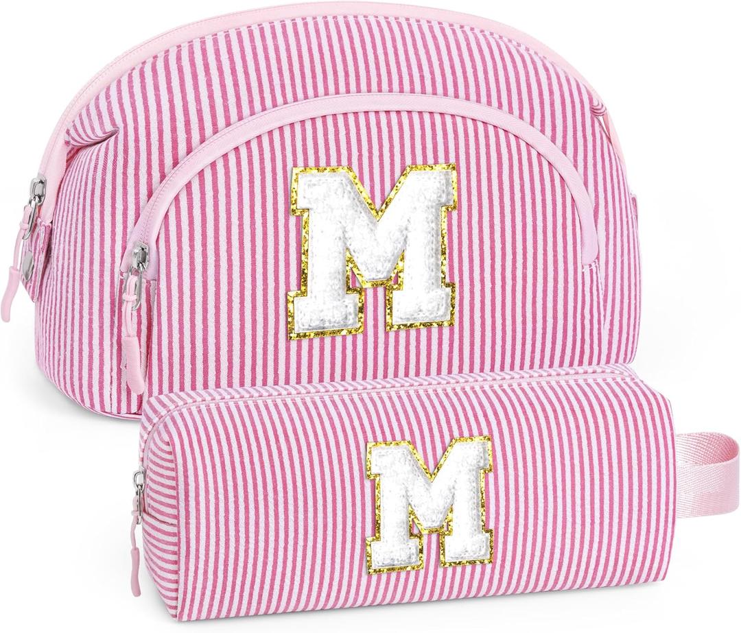 YOOLIFE Makeup Bag Personalized Gifts - Easter Gifts for Women Teens Girls Kids, Initial Pink Makeup Bag Make Up Bags for Teen Girls Stuff Gift Year Old Girl Birthday Gift for Friend Women Pink M