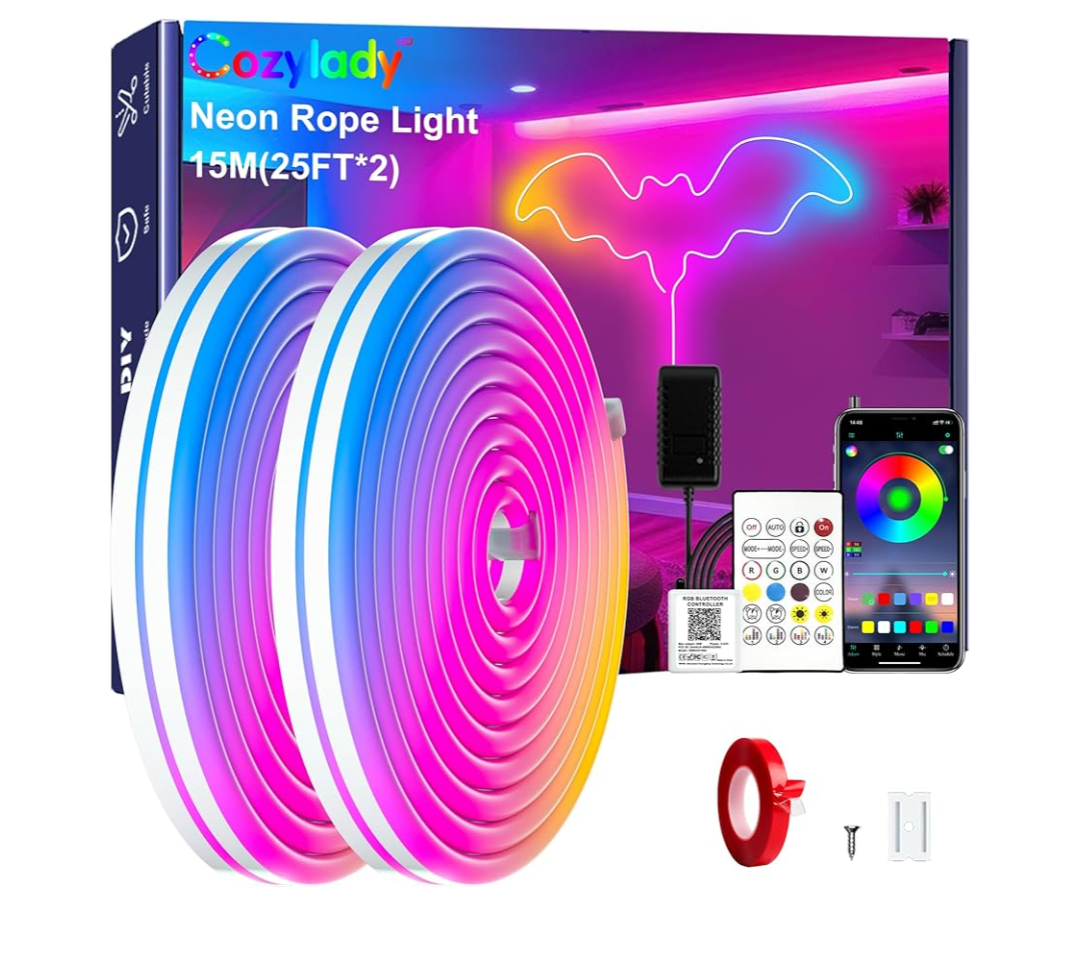 Cozylady RGB Neon LED Rope Lights, Waterproof Bluetooth APP Remote Control Music Sync Strip Lights, 24V Flexible DIY Silicone Light for Bedroom Home Indoor Outdoor Decor (15M/50Ft)