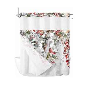 Christmas No Hook Shower Curtain with Snap in Liner, Pine Leaf Berry Snowflake Gray Shower Curtain for Bathroom Waterproof Winter Xmas Bath Curtain with See Through Mesh Top Window