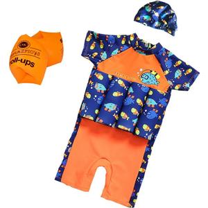 Floating Swimsuits for Kids Toddlers, Orange and Blue Color with Swimming Cap and Inflatable Arm Ring