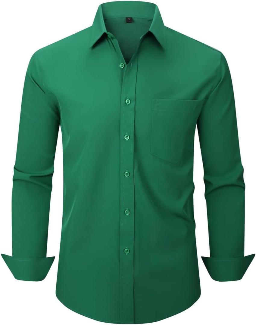 corfty Men Long Sleeve Dress Shirt - Regular Fit Stretch Free-Wrinkle Casual Button Down Shirt (Green, XXXL)