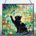 Cat Stained Glass Window Hanging, 7.9" Square Suncatcher with Chain Suction Cup, Cute Kitten Sun Catchers Indoor Window, Colorful Cat Decor for Wall, Porch, Birthday, Sleek Black Cat