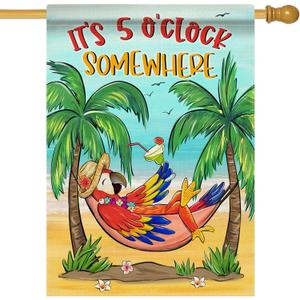 Welcome Summer Parrot Bird Decorative House Flag, It's 5 O'clock Somewhere Beach Coastal Tropical Palm Tree Garden Yard Outside Decorations, Hawaii Nautical Outdoor Large Home Decor 28 x 40