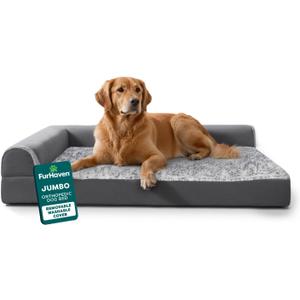 Furhaven Orthopedic Dog Bed for Large Dogs w/ Removable Bolsters & Washable Cover, For Dogs Up to 95 lbs - Two-Tone Plush Faux Fur & Suede L Shaped Chaise - Stone Gray, Jumbo/XL
