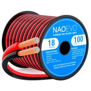 NAOEVO 18 Gauge Wire 100FT, 2 Conductors Electrical Wire Red Black Cable, Flexible/Low Voltage/PVC 18 AWG Copper Clad Aluminum Extension Cord for Speaker, LED Strips, Automotive 12V/24V DC