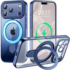 Magnetic for iPhone 17 Pro Max Case with Invisible Stand[Compatible with MagSafe][Full Camera Lens Protector][Military Drop Protection] Shockproof Not Yellowing Clear Slim Soft for Women Men (Blue Titanium)