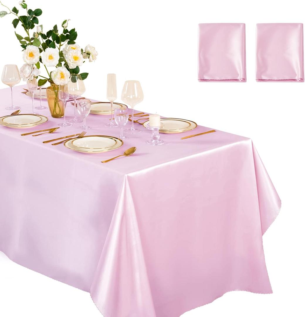 Horbaunal 2 Pack Light Pink Satin Tablecloth 60 x 102 Inches Rectangle Satin Table Cover Bright Silk Table Cloth Smooth Table Decoration for Wedding Party Banquet