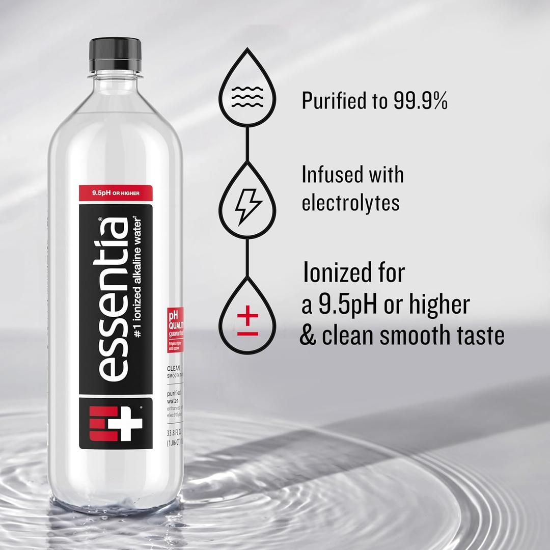 Essentia Water LLC , 99.9% Pure, Infused with Electrolytes for a Smooth Taste, pH 9.5 or Higher; Ionized Alkaline Water, Black, 42.3 Fl Oz 4 Pack, BB Sep 02/2026