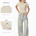 Wyeysyt Crop Tops for Women Mock Neck Ribbed Fitted T Shirts Short Sleeve Basic Tee Shirt (Beige, S)