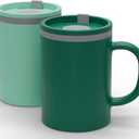 Copco Iconic 16oz Double Wall Insulated Desk Mug with Lid & Handle, Set of 2, BPA-Free Reusable Plastic, Spill-Proof, Microwave & Dishwasher Safe, Wide Mouth, Cup Holder Friendly (Green/Hunter Green)