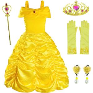 Princess Costume for Girls Birthday Party Fancy Dress Up with Accessories(Crown+Wand+Earrings+Gloves) (6-7 Years, Yellow)