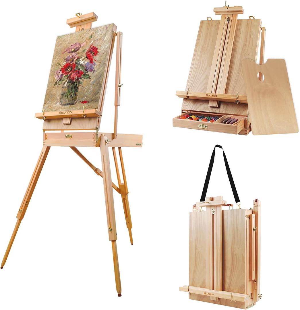 CONDA Large Wooden French Easel and Sketchbox Easel, Adjustable Tripod Easel Stand with Drawer and Palette for Artist, hobbyists, Professionals, Ideal Easel for Painting, Sketching, and Display (Gold)