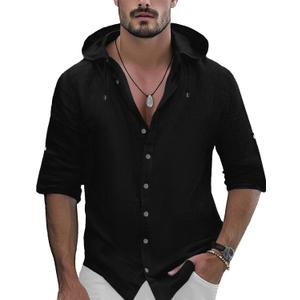 Mens Linen Shirts Casual Button Down Shirts Long Sleeve Roll-Up Sleeve Summer Beach Shirts Tops with Hood (XX-Large, Black)