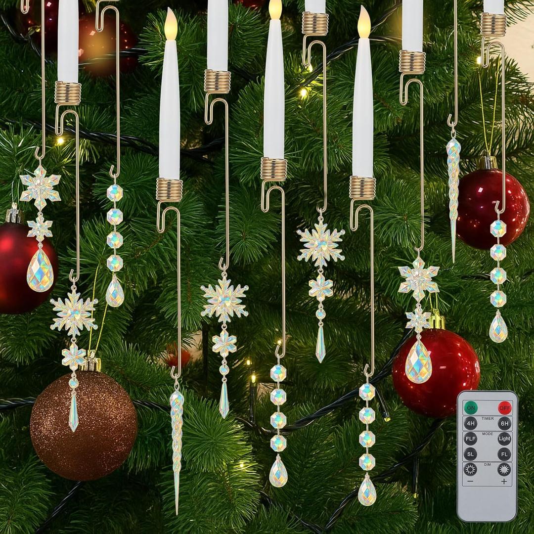 Baquler 12 Sets Christmas Tree Candles with Remote Hanging Acrylic Snowflake Icicle Ornaments Flameless Taper LED Candle Flickering Clip Light Candlestick for Xmas Wedding Decor (Colorful)