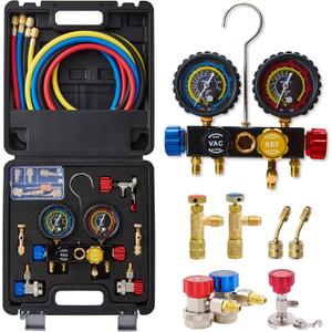 AC Gauge Set R410a R134a R22, Automotive 4 Valve AC Manifold Gauge with 5ft Hoses, Quick Couplers, Adapters, Puncturing Can Tap Tools for R410a Refrigerants Charging and Evacuation