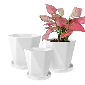 Sun-E Planters for Indoor Plants Flower Pots 7.6/6.5/5.1Inch Set of 3 Plant Pots for Outdoor with Drainage Holes and Saucers Modern Decorative Gift Idea (Pearl White)