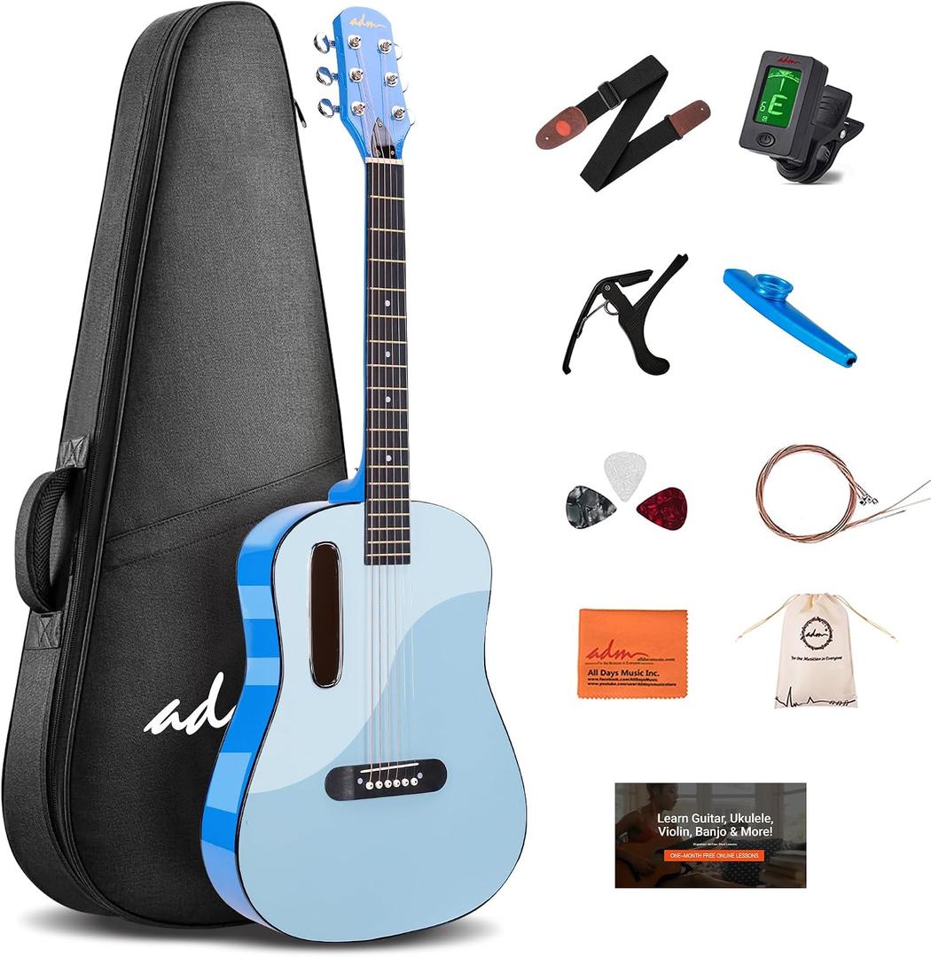ADM Acoustic Guitar Kits for Beginners Adults - 38" Steel-String Guitars Bundle with Online Lesson Wooden Bowl Guitarra Starter Set Package with Bag, Strap, Picks, Capos, Kazoo, Blue
