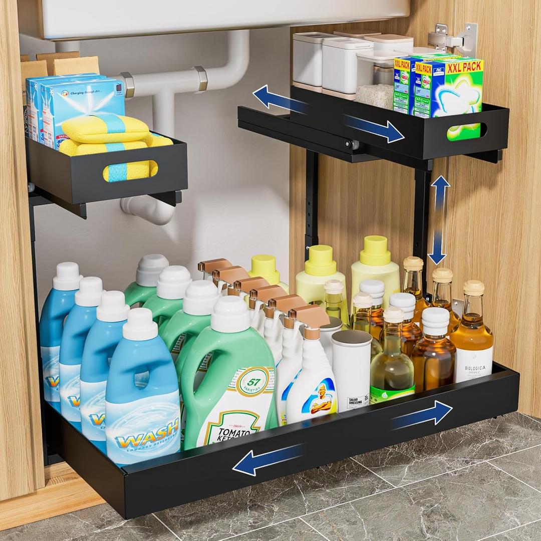 Upgrade Expandable Under Sink Organizer, Insputer 2 Tier Metal Under Cabinet Storage with 3 Slide Rails, Height Adjustable, Thickened Pull Out Drawer Shelf for Bathroom, Kitchen, Laundry, Pantry (1PC(14.8"-25"W))
