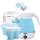Portable Electric Kettle Travel Size, 600ML Small Foldable Tea Coffee Kettle with Collapsible Bowl and Cups, 5 Min Fast Water Boiling, BPA Free Food Grade Silicone, 110V 400W