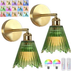 Vintage Battery Operated Wall Sconce with Green Crystal Grid Glass Lampshade Rechargeable Battery Powered Wall Light with Remote Control for Bedside Bedroom Bathroom, Set of 2