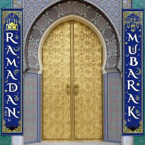 Blulu Ramadan Mubarak Door Banner Ramadan Porch Sign Banner Eid Mubarak Decoration Muslim Hanging Door Decoration for Indoor Outdoor Decor Eid Al-fitr Party Supplies(Blue)