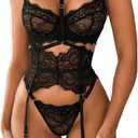 Kaei&Shi Garter Lingerie Set for Women, Sexy Floral Lace, Strappy High Waisted Hide Belly, 4 Piece with Exotic Choker Belt (0-2, Black)