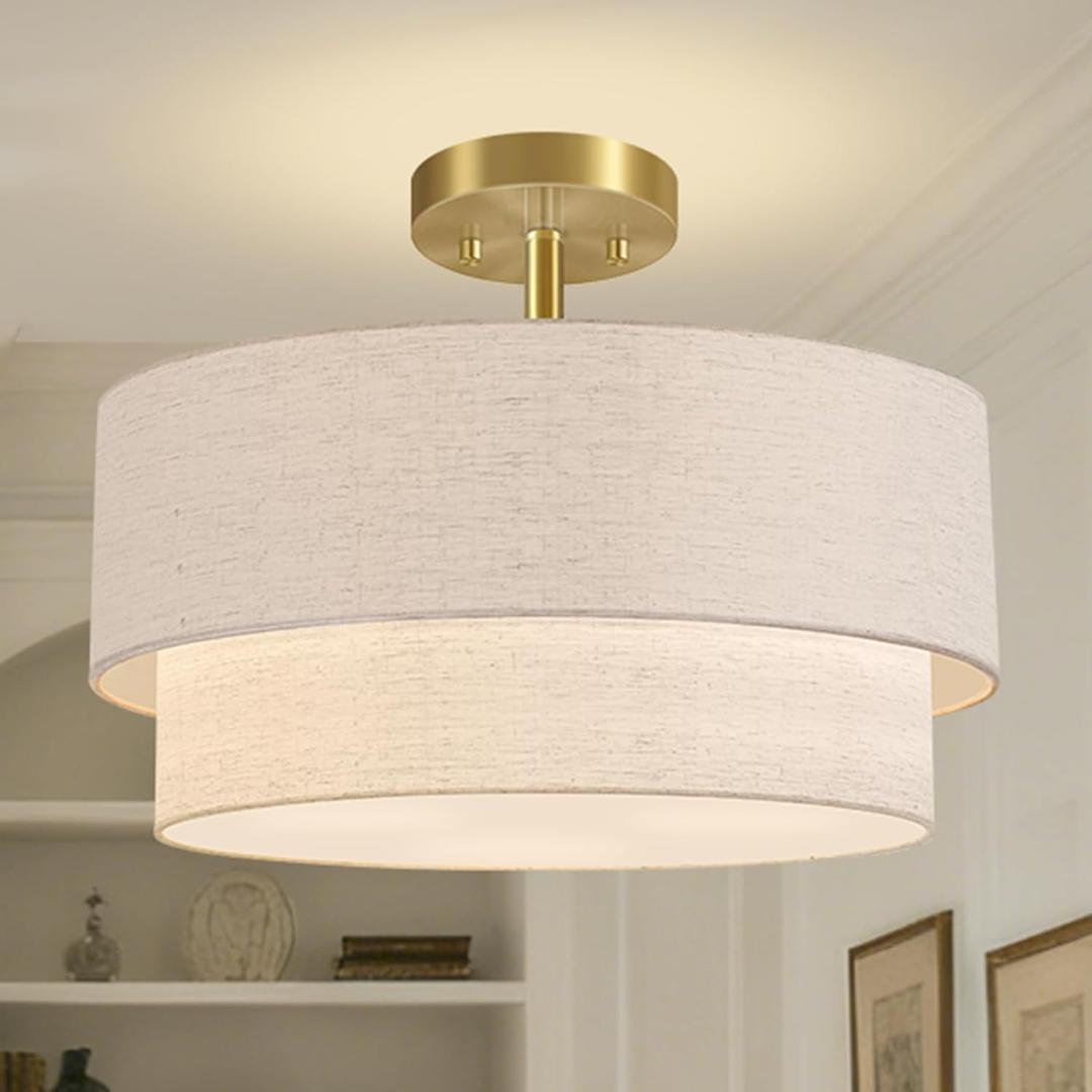 16.5'' Semi Flush Mount Ceiling Light, 3-Light Gold Ceiling Light Fixtures, Farmhouse Close to Ceiling Light with Linen Shade, Modern Drum Ceiling Light for Living Room/Hallway/Bedroom/Dining Room