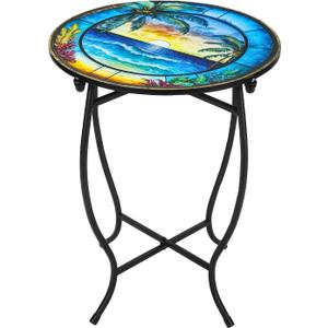 Indoor Outdoor Metal Round Side Table, 14 Inch Round Patio Coffee Bistro Table, Weather Resistant Black Metal Side Table for Patio Porch Garden Balcony Yard, Plant Stand for Indoor Outdoor Use (Beach)