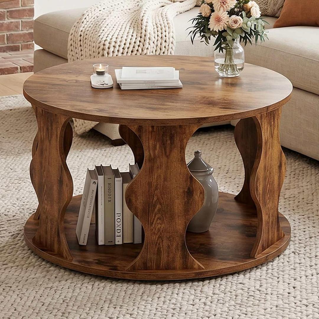 HSH Round Coffee Table with Storage, Wood Coffee Table, Rustic Brown
Farmhouse Small Wooden Tables with Open Storage Shelf, 2 Tier Circle Tables for Living Room, Home Office