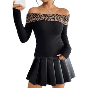 MakeMeChic Women's Off The Shoulder Sweater Leopard Print Long Sleeve Knitted Cheetah Print Top.S