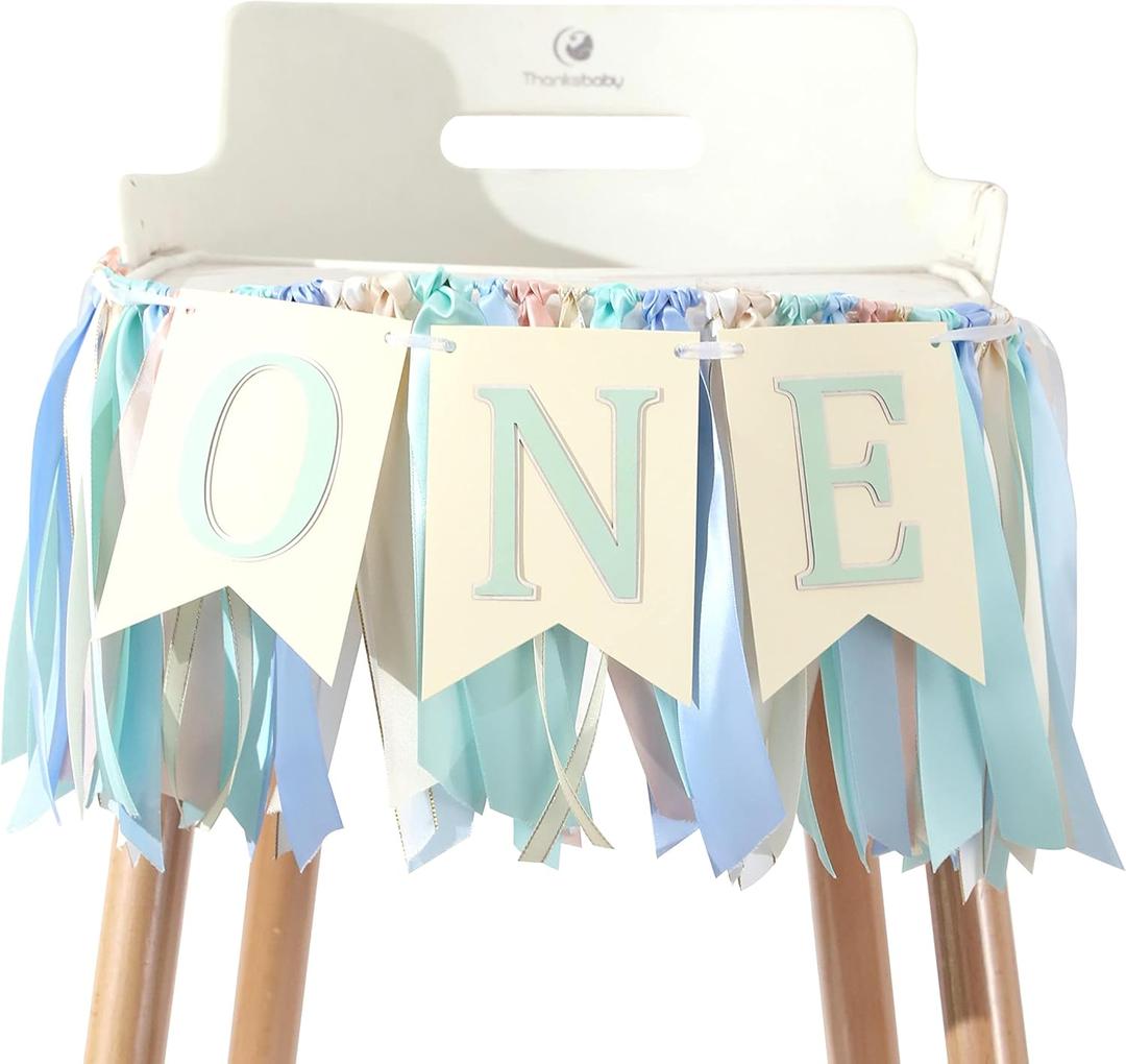 Blue and Green 1st Birthday Banner - Highchair Banner 1st Birthday Boy, Greenery Party Decorations, First Birthday Decorations for Kids, Baby Birthday Party Photo Props(Blue and Green Banner)