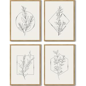 Drsoum Botanical Flower Boho Framed Wall Art Wooded Minimalist Aesthetic Floral Prints Farmhouse Retro Plants Rustic Bathroom Kitchen Home Decor Ready to Hang 11x14inx4pcs (Natural Framed)
