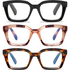 3 Pack Oversize Square Design Reading Glasses for Women, Blue Light Blocking Computer Reader Black & Pink & Leopard, 2.00 X