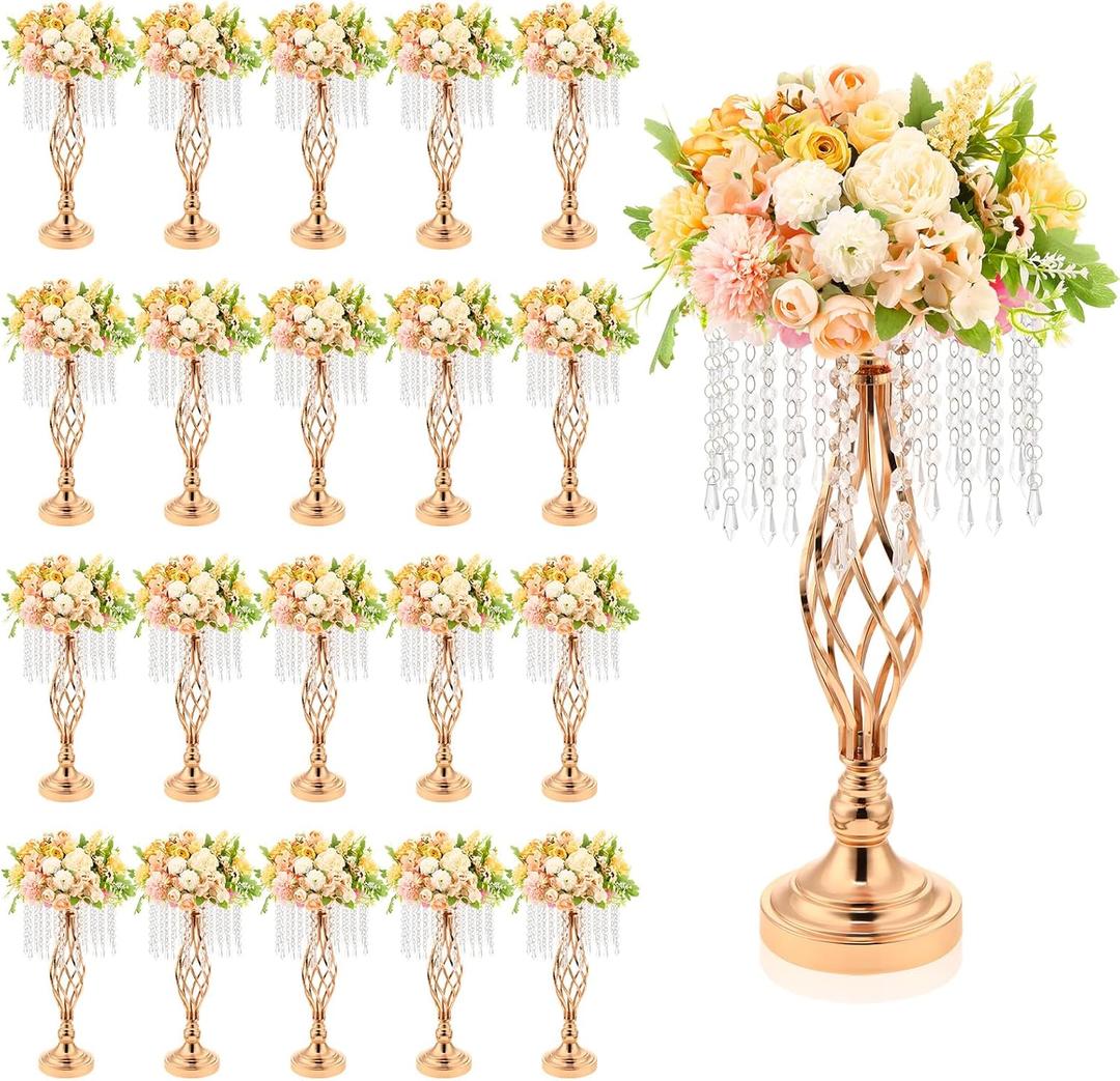 Wesiti 10 Pcs Crystal Gold Flower Stand Elegant Metal Flower Arrangement Stand with Chandelier Crystals 17.7" Tall Gold Vase for Centerpieces Wedding Reception Hotel Favor