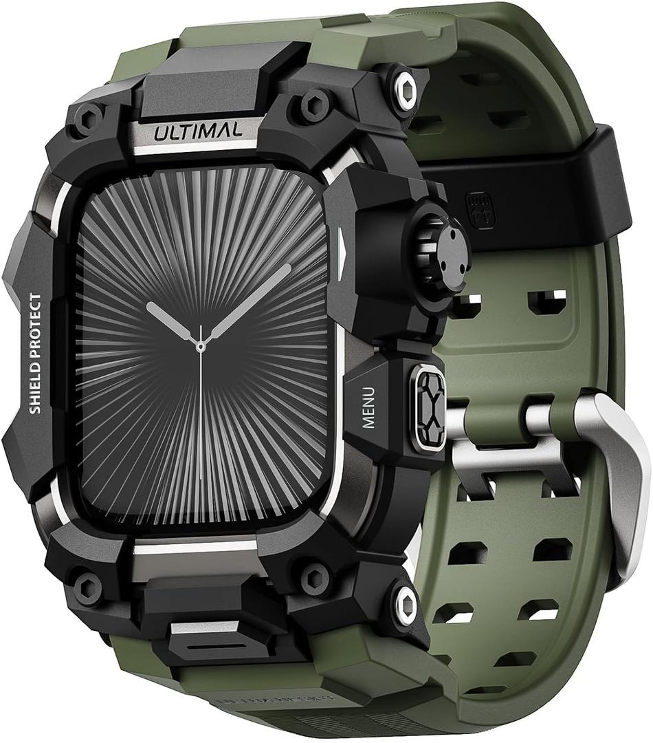ULTIMAL Rugged Case with Band for Apple Watch 46mm,Compatible with Apple Watch Series 11/10, Military Grade Shockproof Bumper Cover for iWatch Tactical Band Men (Army Green, 46mm)