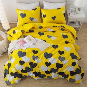 Caressma Farmhouse Yellow Queen Size Comforter Set 3 Pieces Bedding Set with Black Heart All Season Fluffy Soft Lightweight(1 Comforter & 2 Pillowshams)