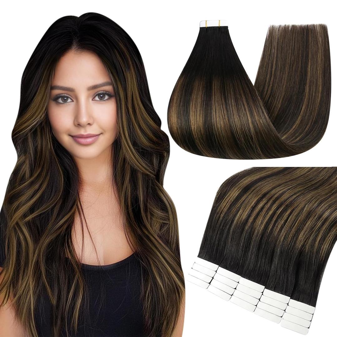 Full Shine Tape in Hair Extensions 18 Inch Color 1B Off Black Ombre 6 Brown Highlight 1B Black Natural Seamless Tape Ins Human Hair Extensions 20 PCS 50 Grams Add Volume