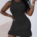 STOLKISS Women Summer Tank Dresses Sleeveless Crew Neck Basic Bodycon Mini Dress Casual Ribbed Knit with Ruffle Hem Sexy 2026 (Black, L)